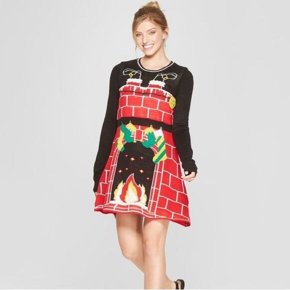 Light Up Christmas Santa Rooftop Stockings Chimney Fireplace Sweater Sz Dress XL - Picture 1 of 10
